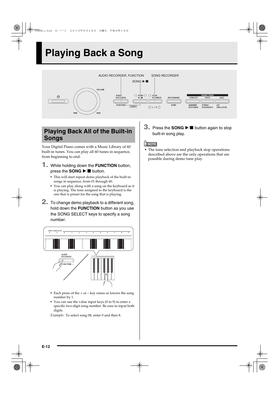 Playing back a song, Playing back all of the built-in songs | Casio PX-A800BN User Manual | Page 14 / 56