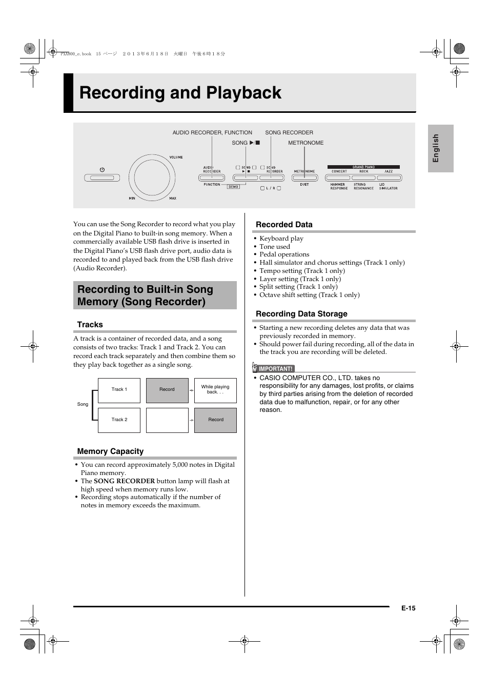 Recording and playback, Tracks, Recorded data | Recording data storage | Casio PX-A800BN User Manual | Page 17 / 56