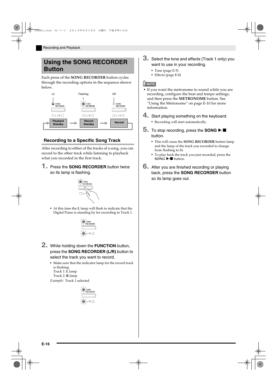 Using the song recorder button | Casio PX-A800BN User Manual | Page 18 / 56