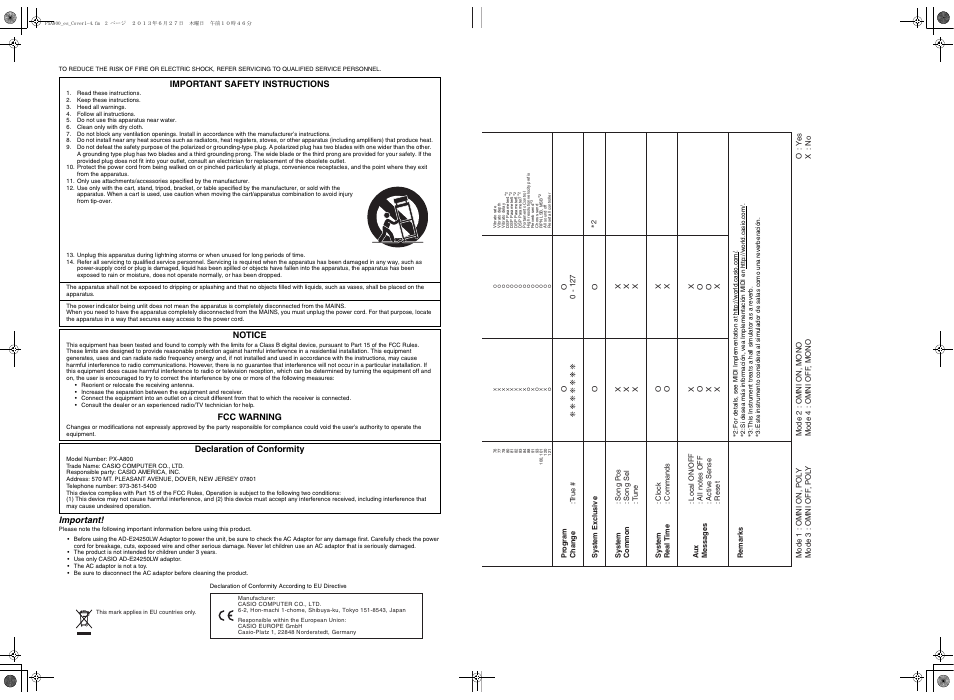 Important, Important safety instructions, Notice | Fcc warning, Declaration of conformity | Casio PX-A800BN User Manual | Page 2 / 56