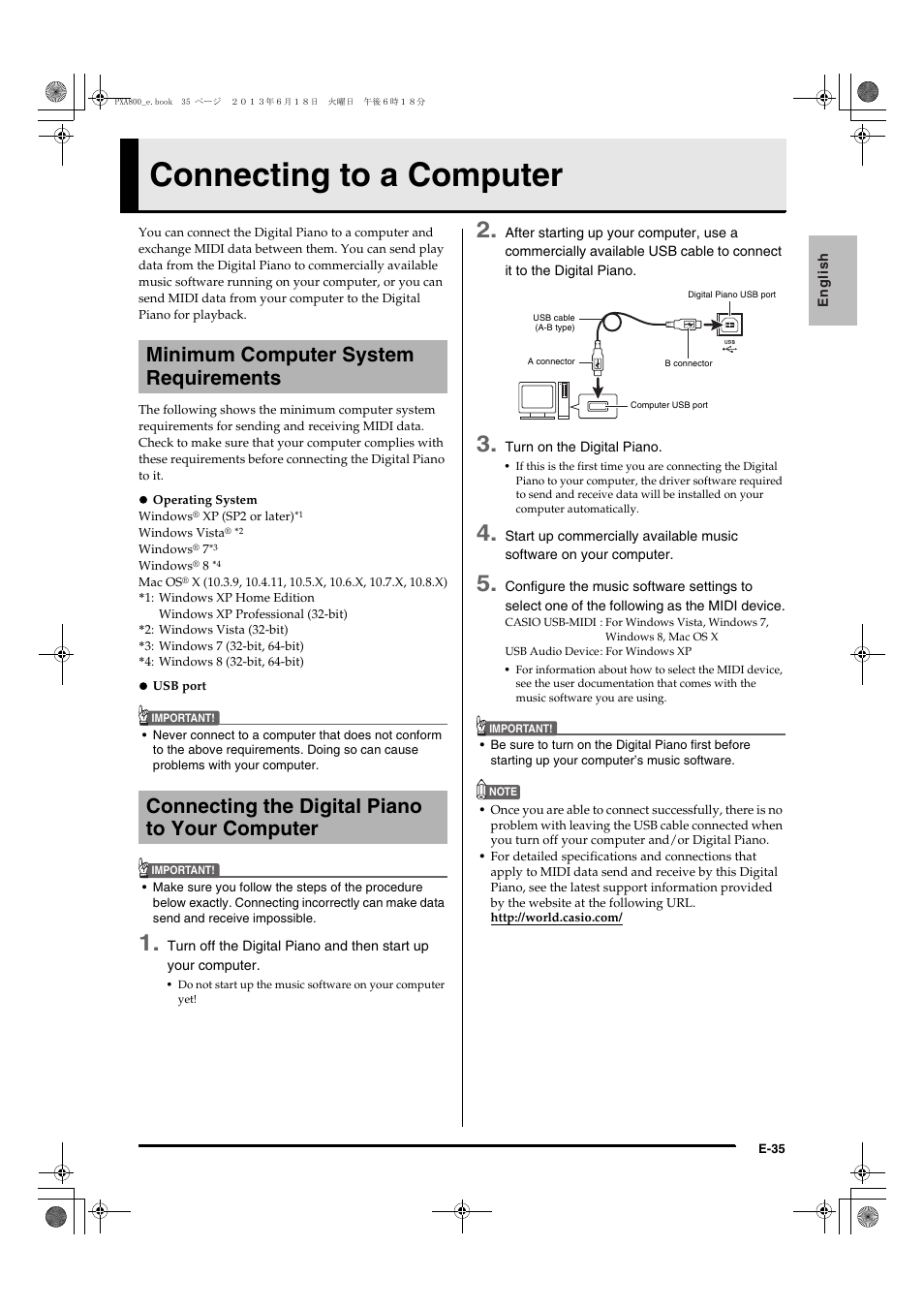 Connecting to a computer, Minimum computer system requirements, Connecting the digital piano to your computer | Casio PX-A800BN User Manual | Page 37 / 56
