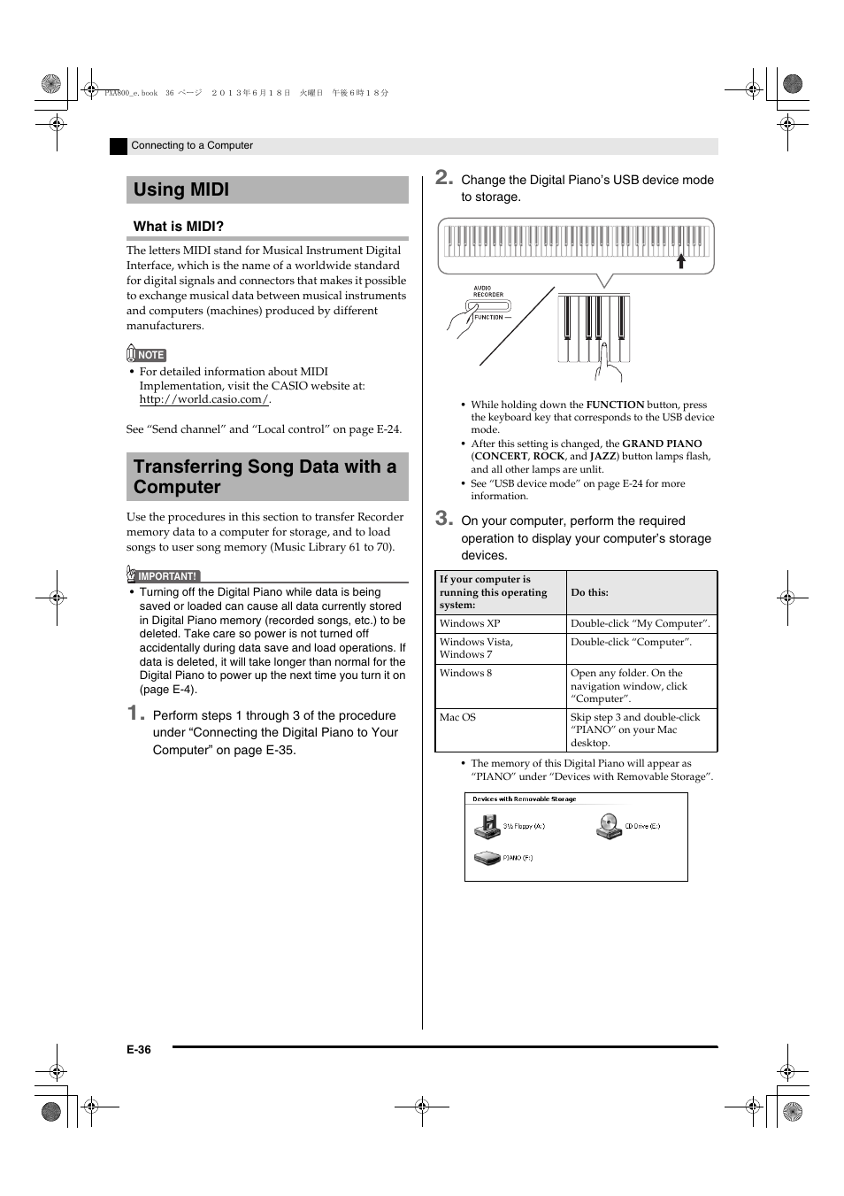 Using midi transferring song data with a computer | Casio PX-A800BN User Manual | Page 38 / 56