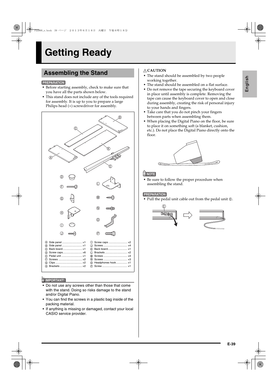 Getting ready, Assembling the stand | Casio PX-A800BN User Manual | Page 41 / 56