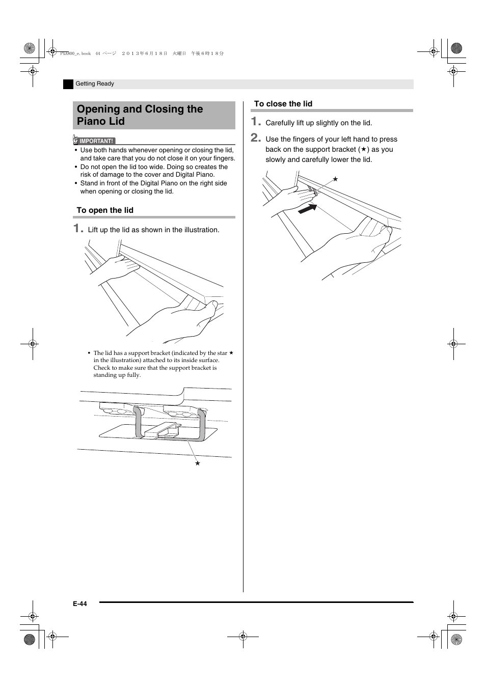 Opening and closing the piano lid | Casio PX-A800BN User Manual | Page 46 / 56