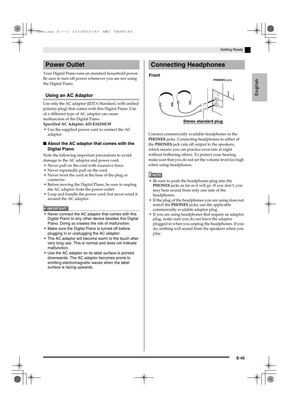 Power outlet connecting headphones, Using an ac adaptor | Casio PX-A800BN User Manual | Page 47 / 56