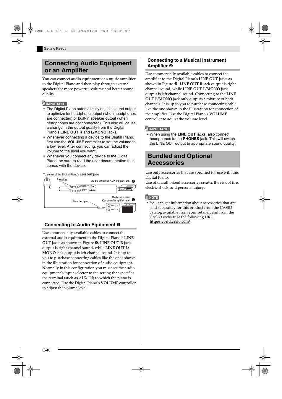 Connecting audio equipment or an amplifier, Bundled and optional accessories, Connecting to audio equipment 1 | Connecting to a musical instrument amplifier 2 | Casio PX-A800BN User Manual | Page 48 / 56