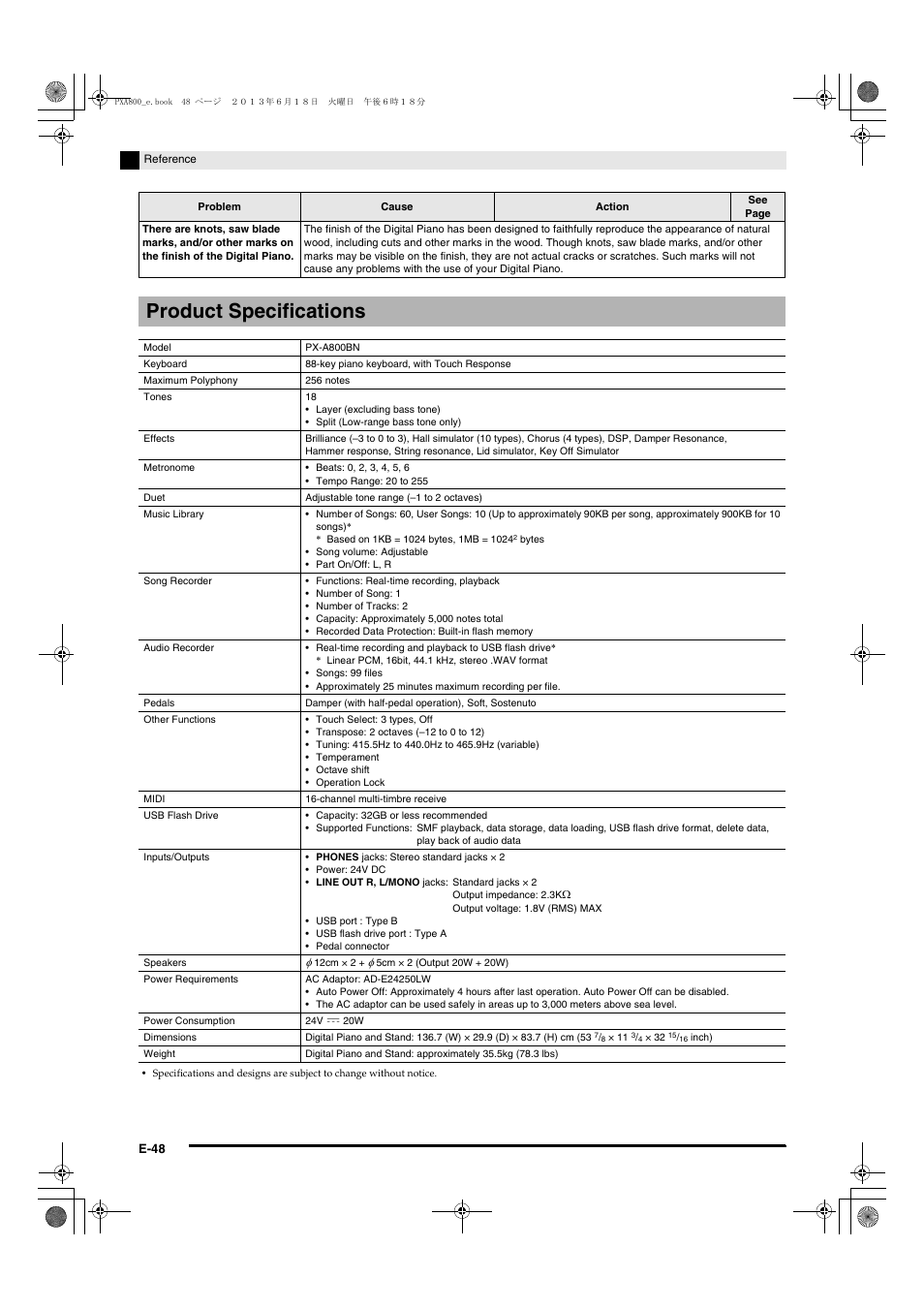 Product specifications | Casio PX-A800BN User Manual | Page 50 / 56