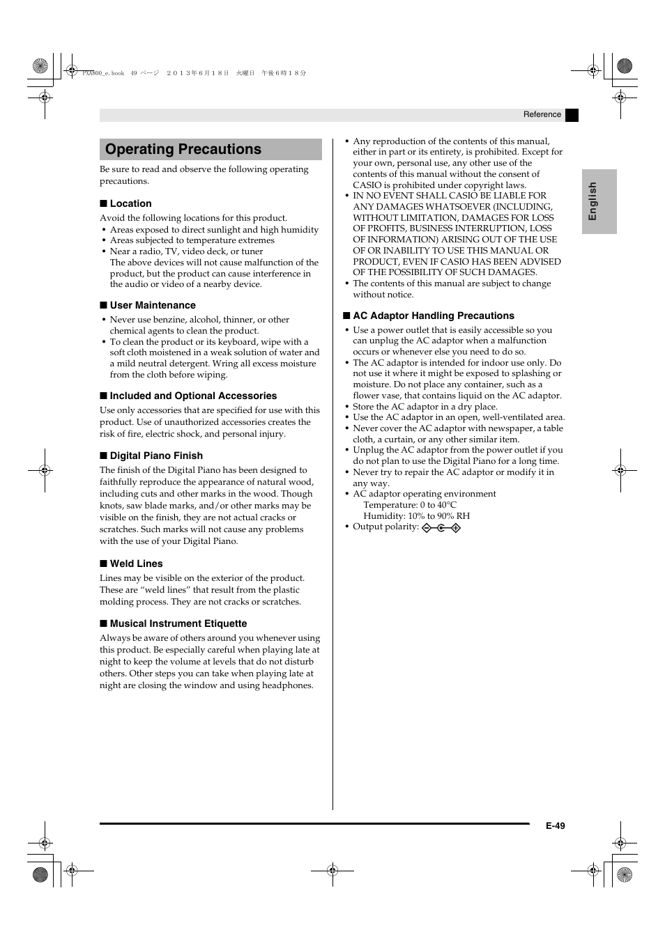 Operating precautions | Casio PX-A800BN User Manual | Page 51 / 56