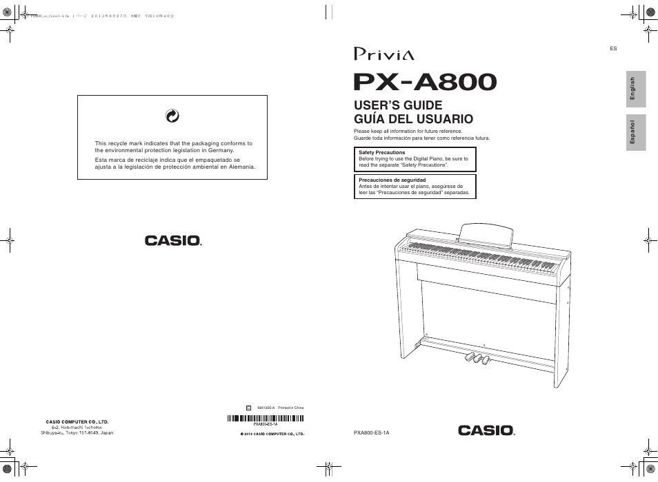 Px-a800, User’s guide guía del usuario | Casio PX-A800BN User Manual | Page 56 / 56