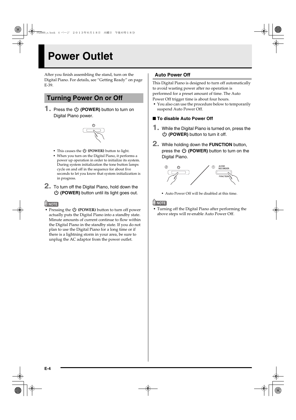 Power outlet, Turning power on or off | Casio PX-A800BN User Manual | Page 6 / 56
