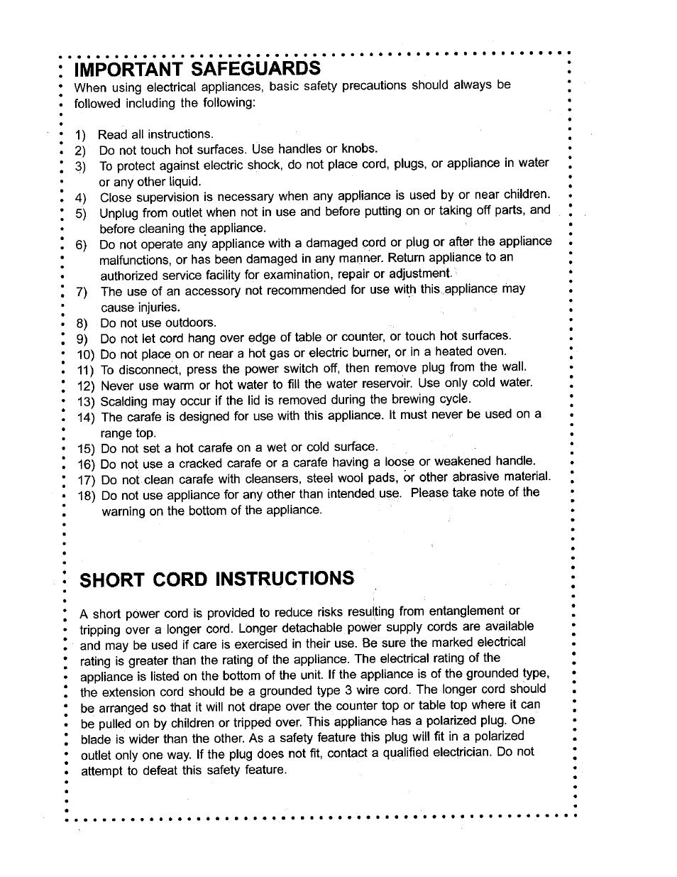 Important safeguards, Short cord instructions | DeLonghi DC60T User Manual | Page 2 / 5