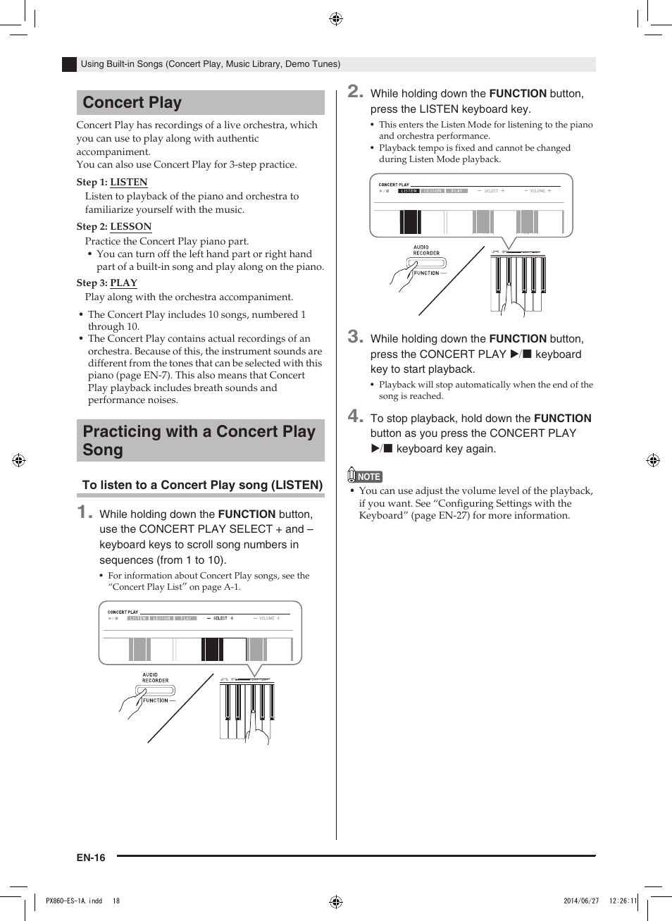 Concert play practicing with a concert play song | Casio PX-860 User Manual | Page 17 / 67