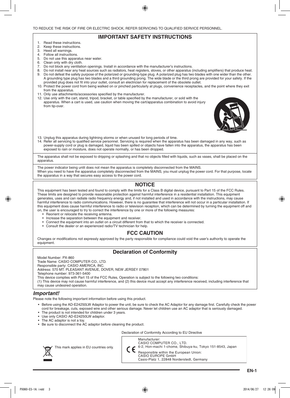 Important, Important safety instructions, Notice | Fcc caution, Declaration of conformity, En-1 | Casio PX-860 User Manual | Page 2 / 67