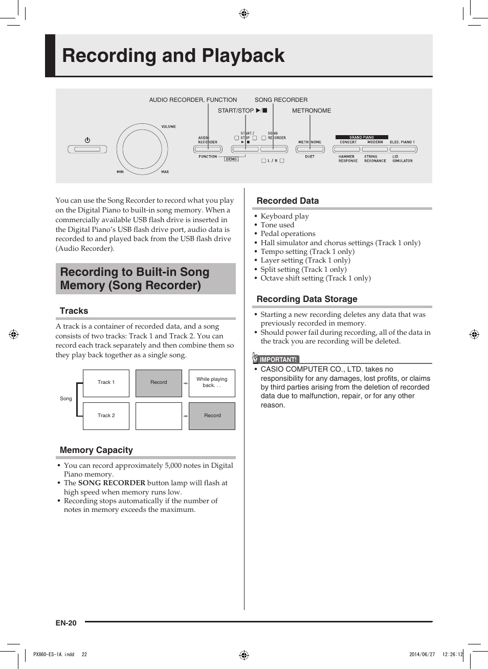 Recording and playback | Casio PX-860 User Manual | Page 21 / 67