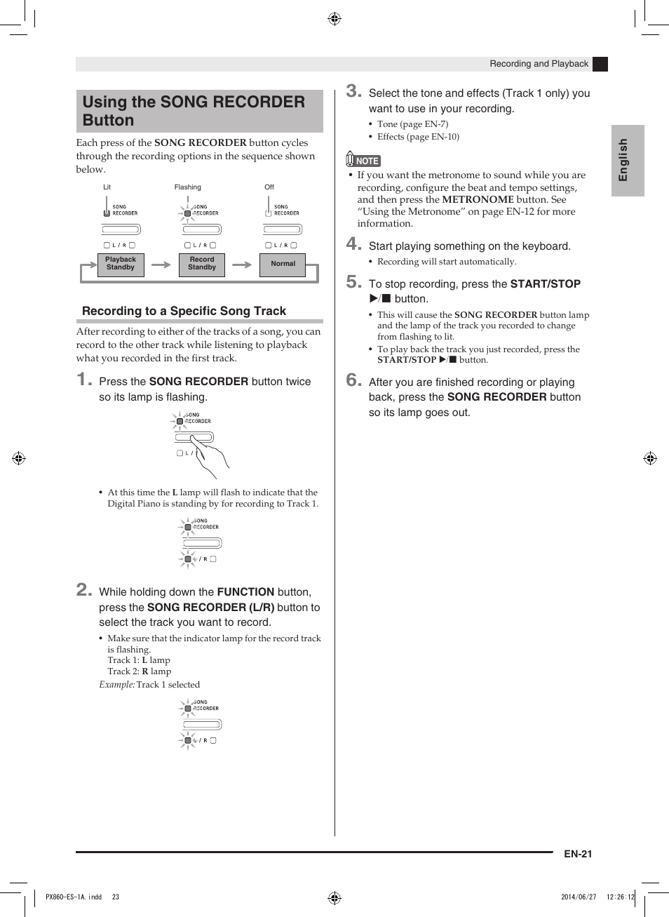 Using the song recorder button | Casio PX-860 User Manual | Page 22 / 67