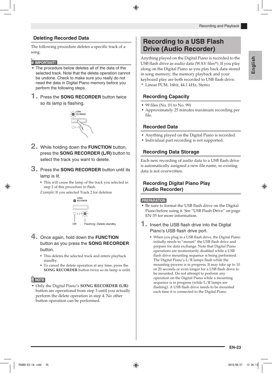 Recording to a usb flash drive (audio recorder) | Casio PX-860 User Manual | Page 24 / 67