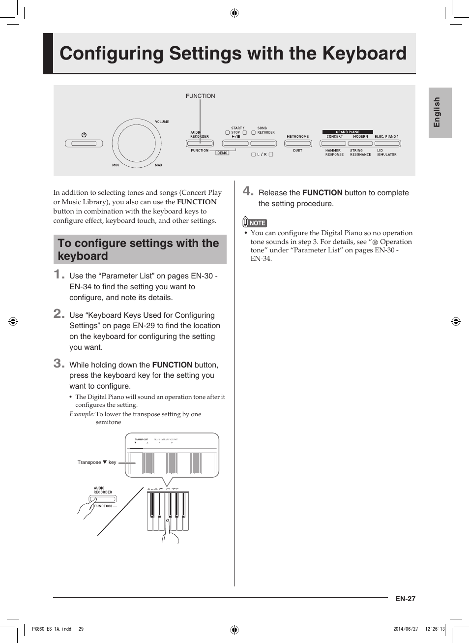 Configuring settings with the keyboard | Casio PX-860 User Manual | Page 28 / 67
