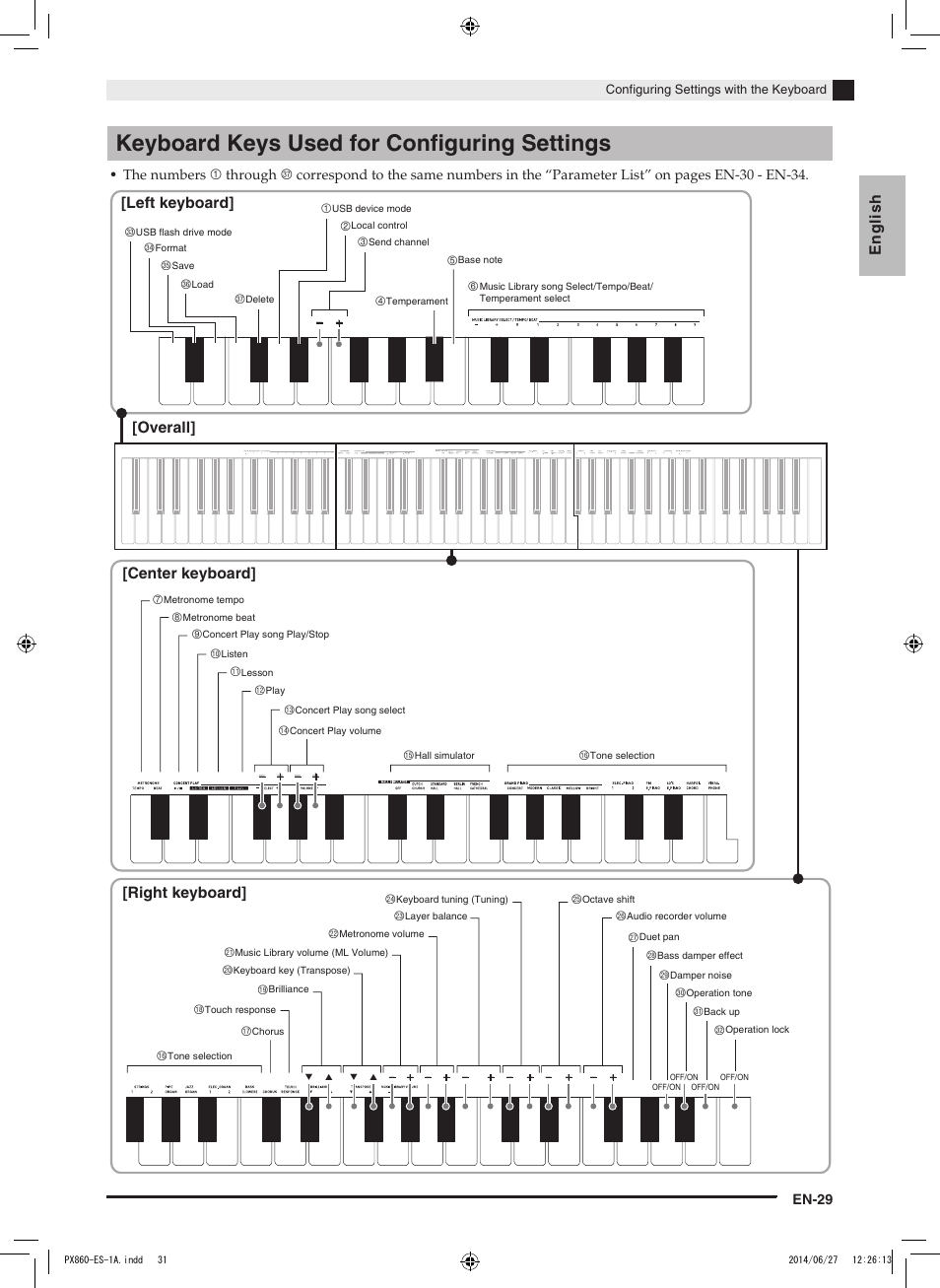 Keyboard keys used for configuring settings, English, En-29 | Casio PX-860 User Manual | Page 30 / 67