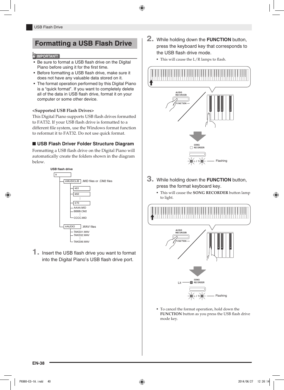 Formatting a usb flash drive | Casio PX-860 User Manual | Page 39 / 67