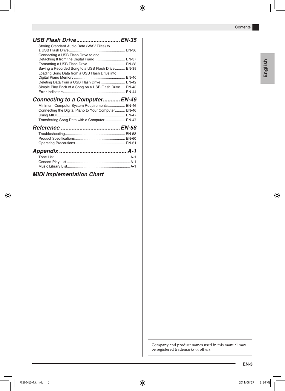 Usb flash drive............................en-35, Connecting to a computer...........en-46, Midi implementation chart | Casio PX-860 User Manual | Page 4 / 67