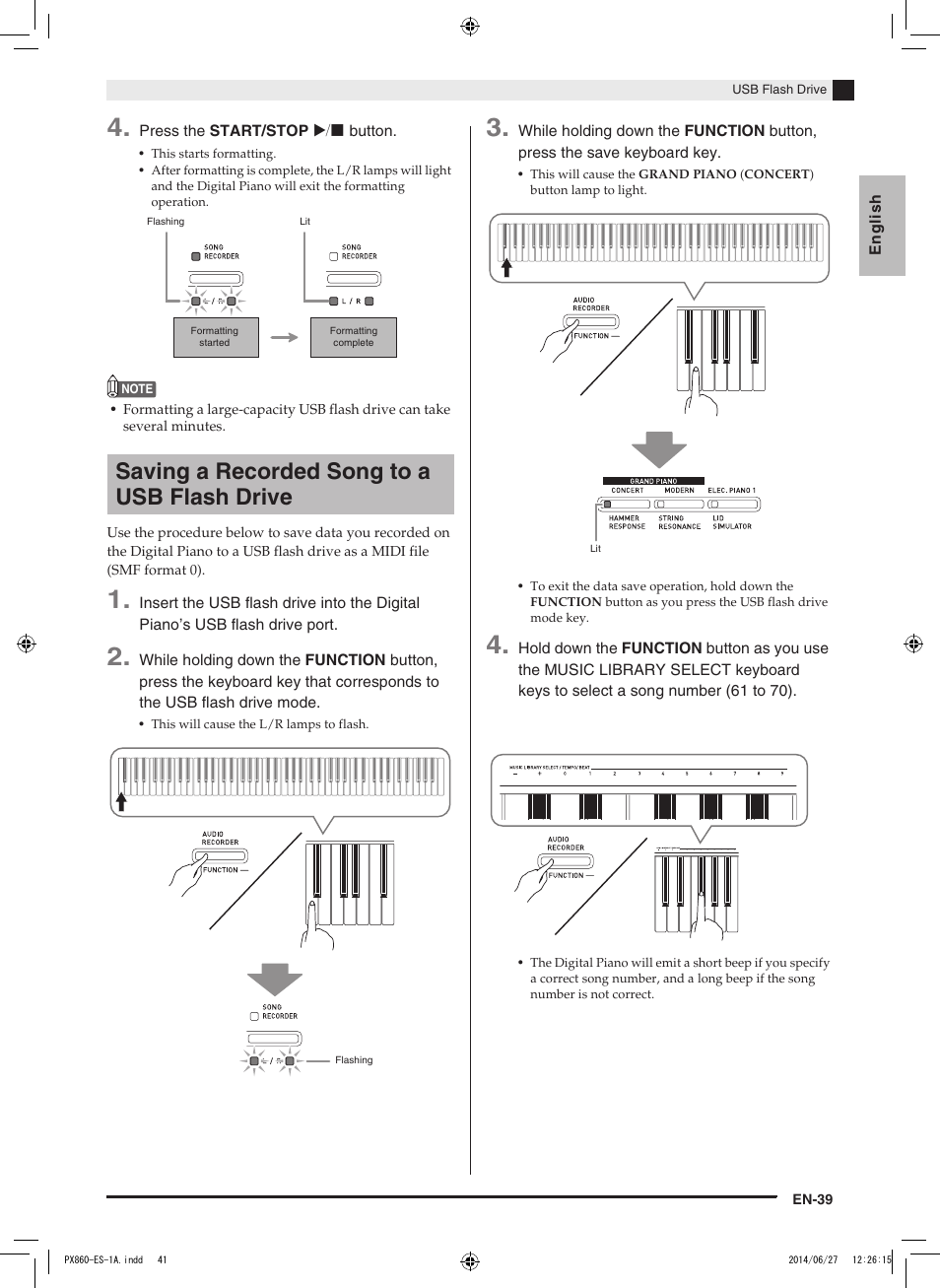 Saving a recorded song to a usb flash drive | Casio PX-860 User Manual | Page 40 / 67