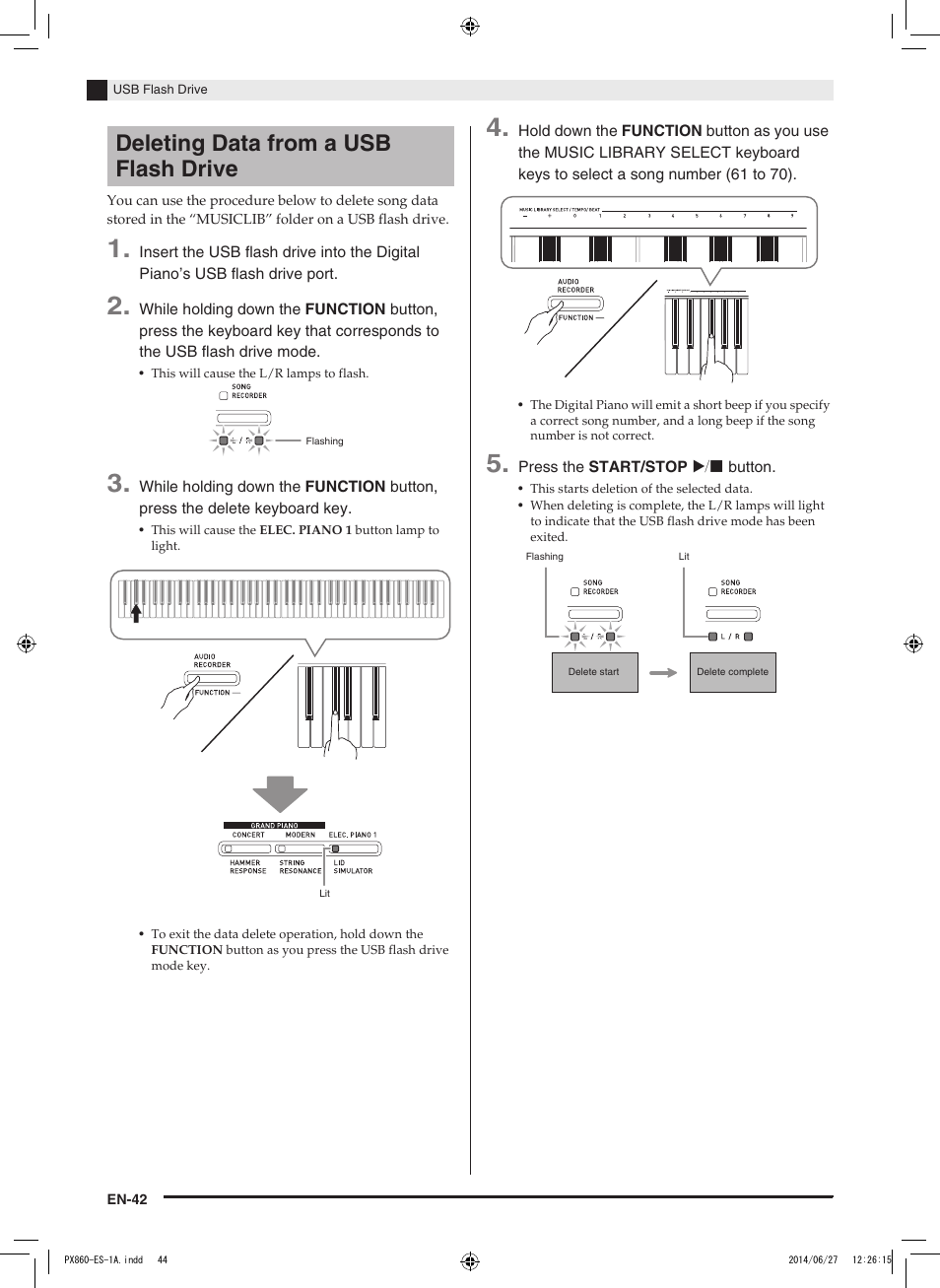 Deleting data from a usb flash drive | Casio PX-860 User Manual | Page 43 / 67
