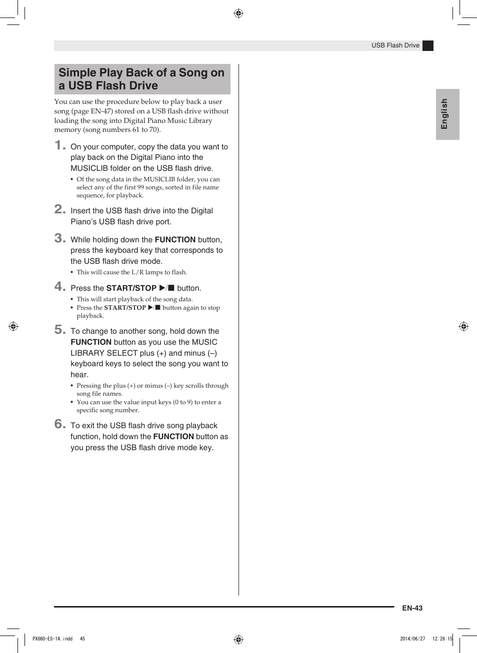 Simple play back of a song on a usb flash drive | Casio PX-860 User Manual | Page 44 / 67