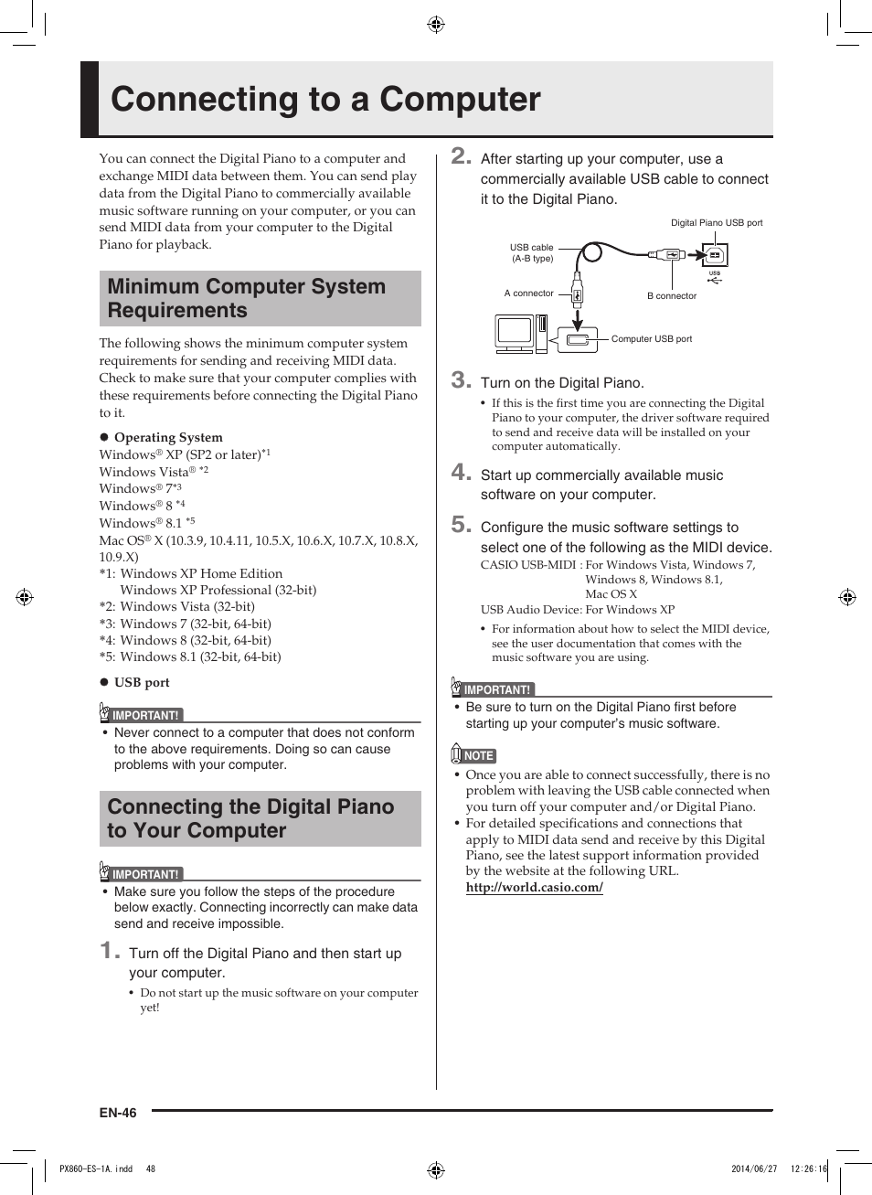 Connecting to a computer, Minimum computer system requirements, Connecting the digital piano to your computer | Casio PX-860 User Manual | Page 47 / 67