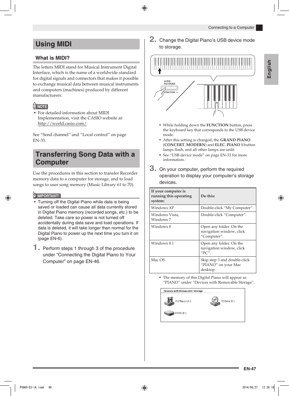 Using midi transferring song data with a computer | Casio PX-860 User Manual | Page 48 / 67