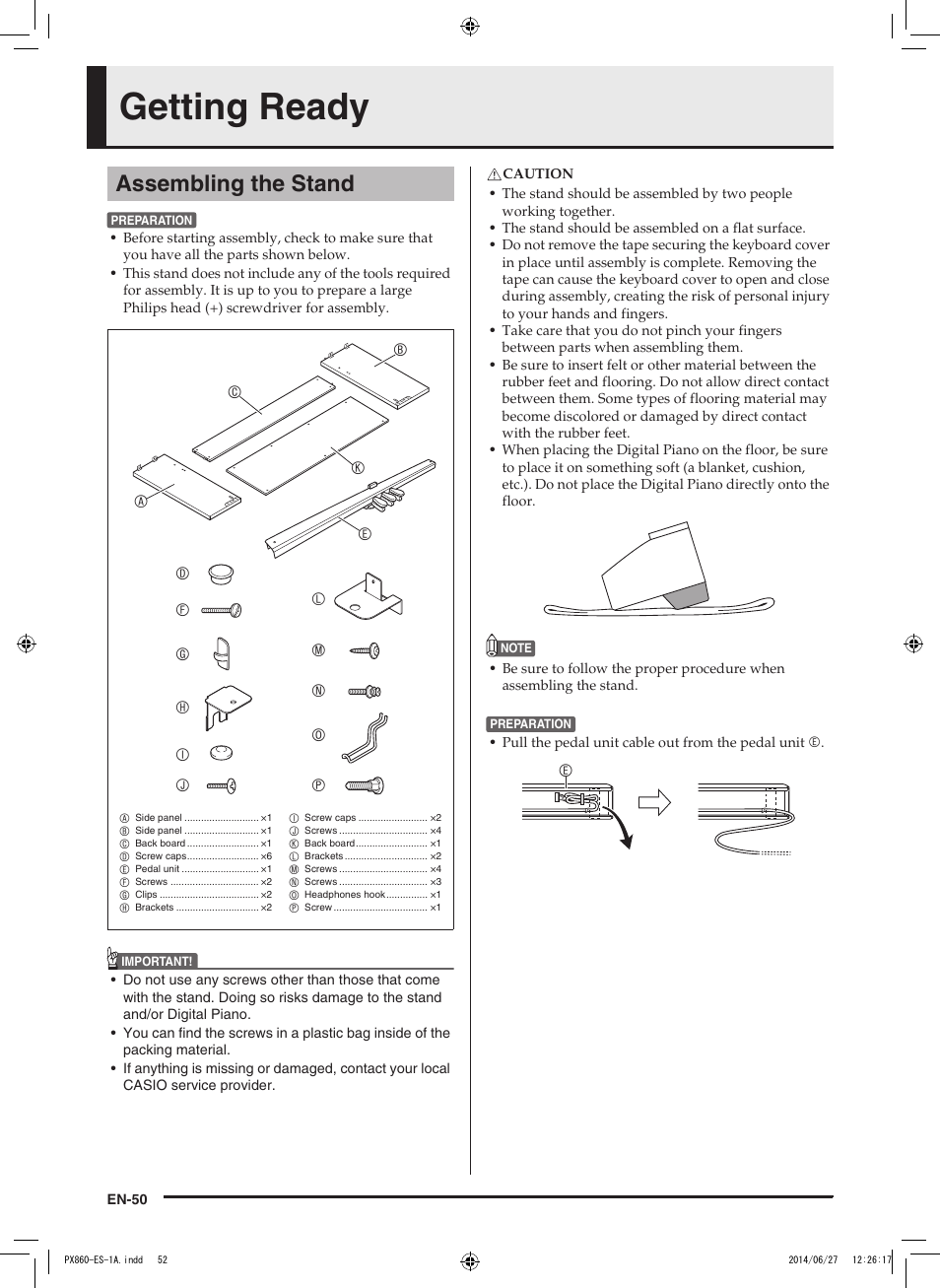 Getting ready, Assembling the stand | Casio PX-860 User Manual | Page 51 / 67