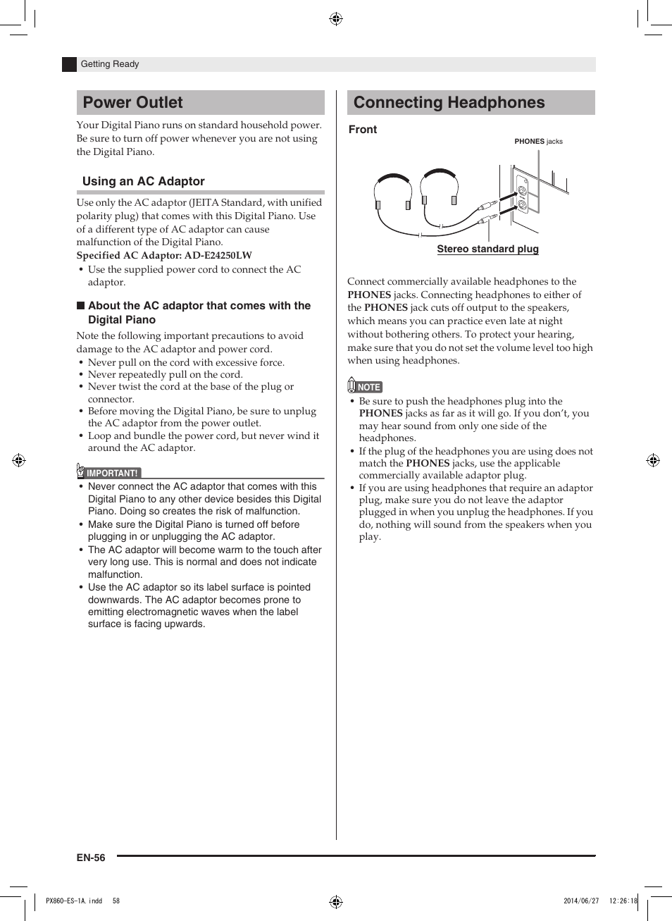 Power outlet connecting headphones | Casio PX-860 User Manual | Page 57 / 67