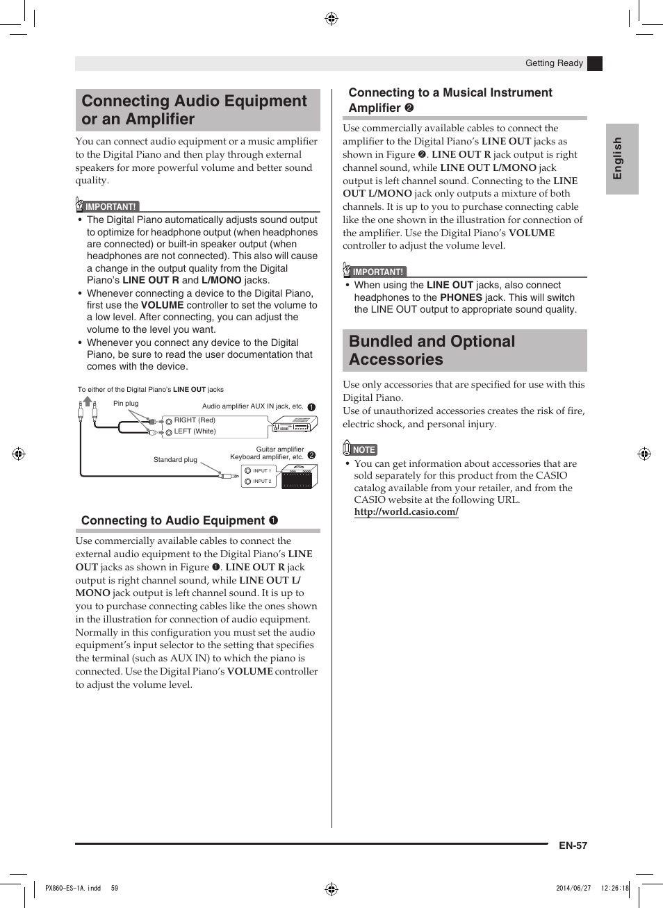 Connecting audio equipment or an amplifier, Bundled and optional accessories, Connecting to audio equipment 1 | Connecting to a musical instrument amplifier 2 | Casio PX-860 User Manual | Page 58 / 67