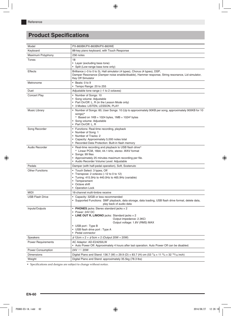 Product specifications, En-60 | Casio PX-860 User Manual | Page 61 / 67