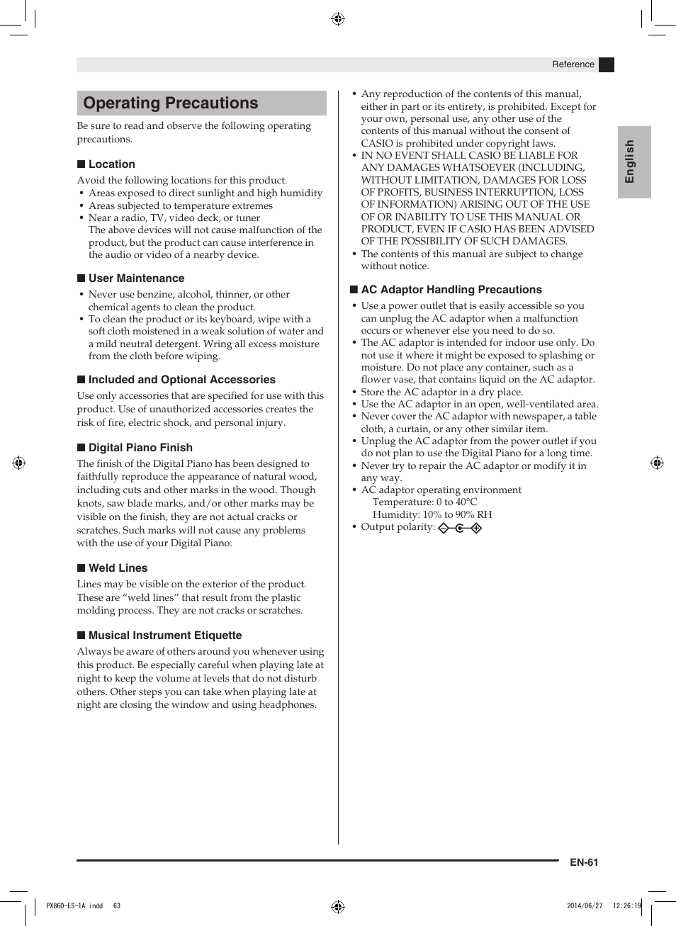 Operating precautions | Casio PX-860 User Manual | Page 62 / 67