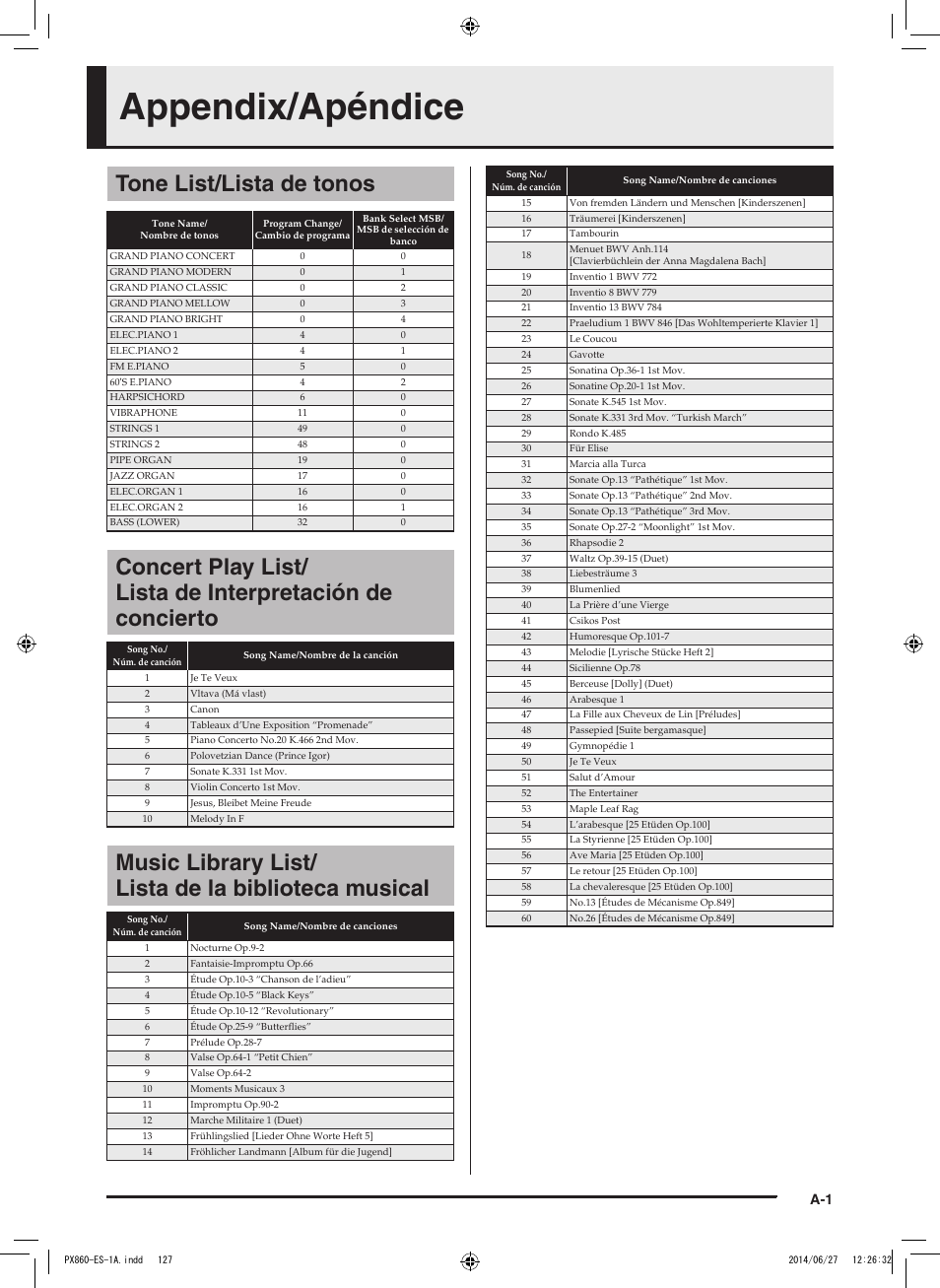 Appendix/apéndice, Tone list/lista de tonos, Music library list/ lista de la biblioteca musical | Casio PX-860 User Manual | Page 64 / 67
