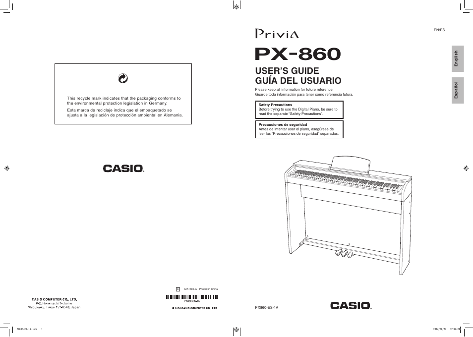 Px-860, User’s guide guía del usuario | Casio PX-860 User Manual | Page 67 / 67