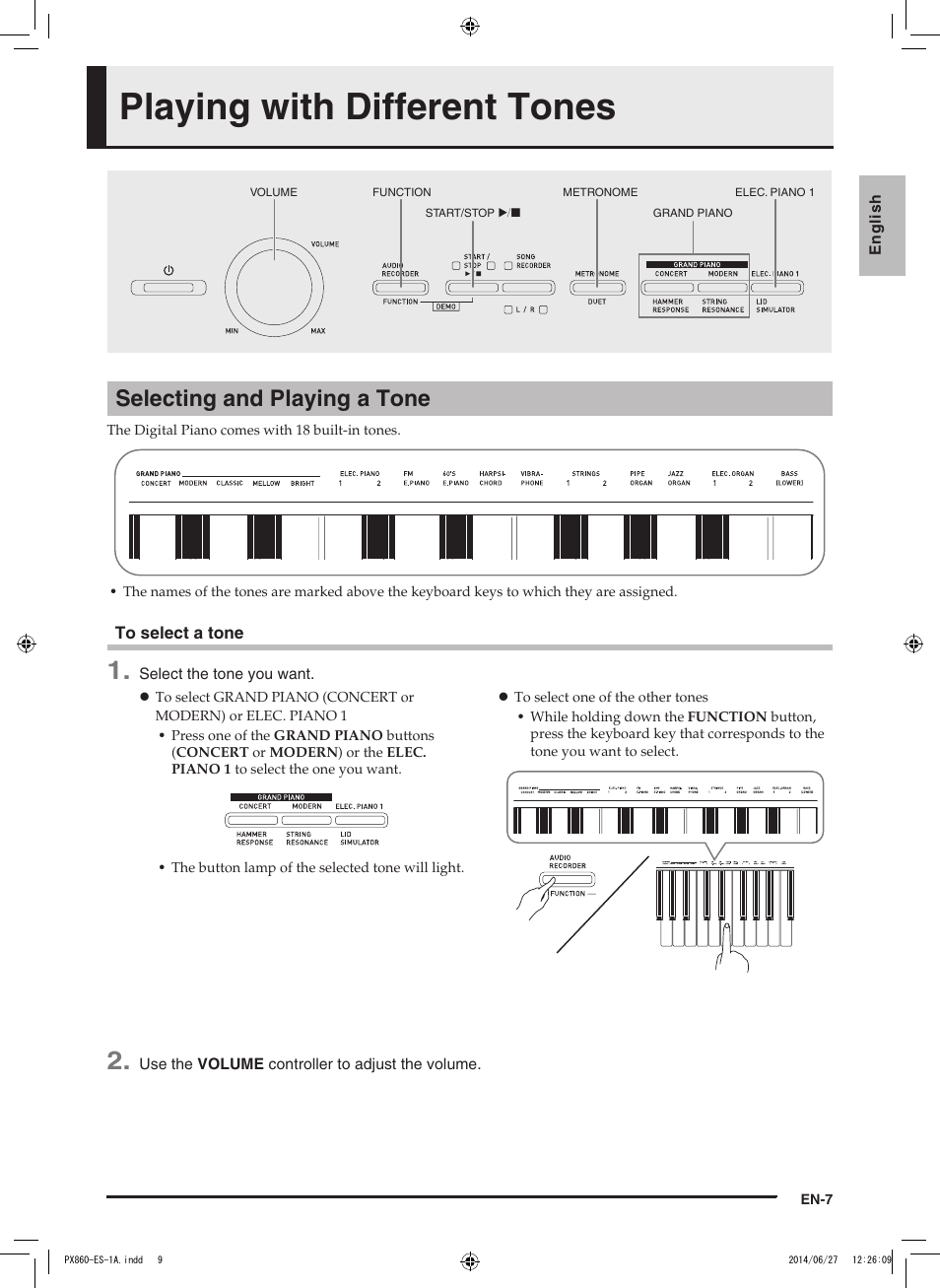 Playing with different tones, Selecting and playing a tone | Casio PX-860 User Manual | Page 8 / 67