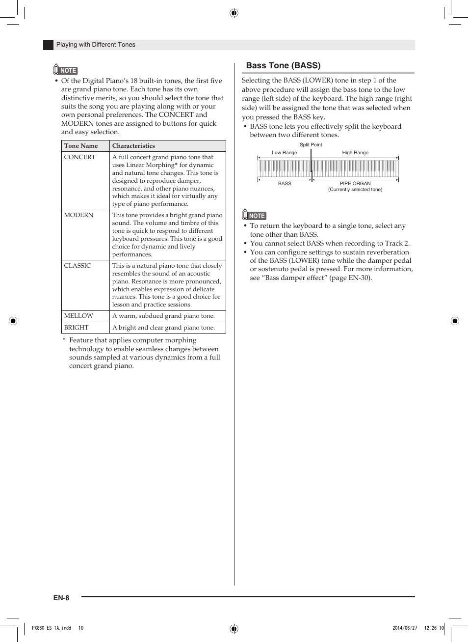 Bass tone (bass) | Casio PX-860 User Manual | Page 9 / 67