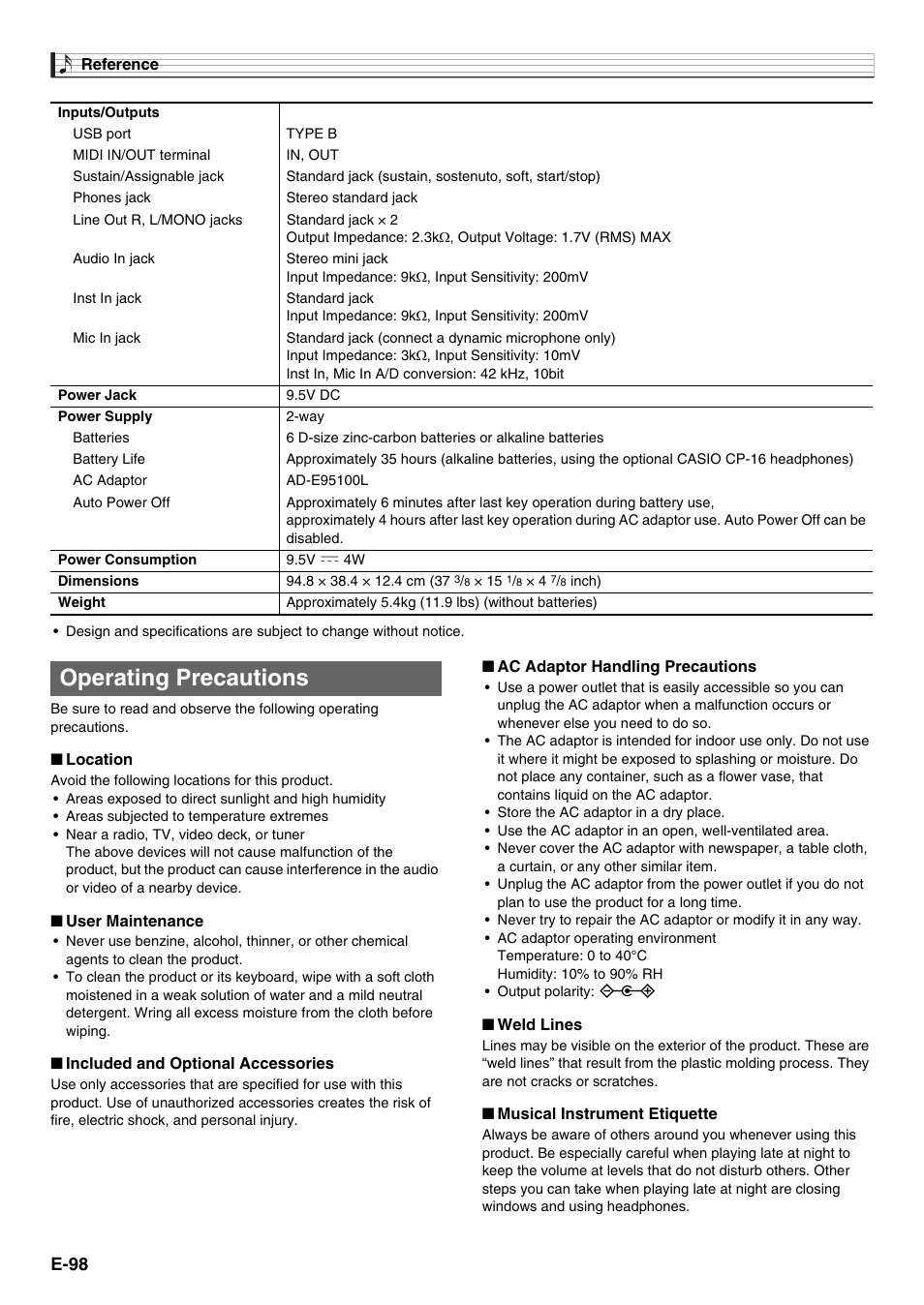 Operating precautions, E-98 | Casio XW-G1 User Manual | Page 100 / 108
