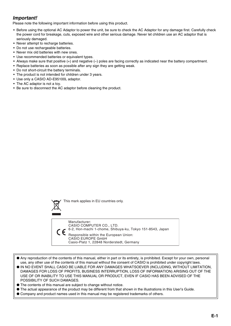 Important | Casio XW-G1 User Manual | Page 3 / 108