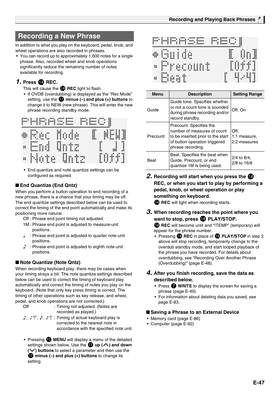 Recording a new phrase | Casio XW-G1 User Manual | Page 49 / 108