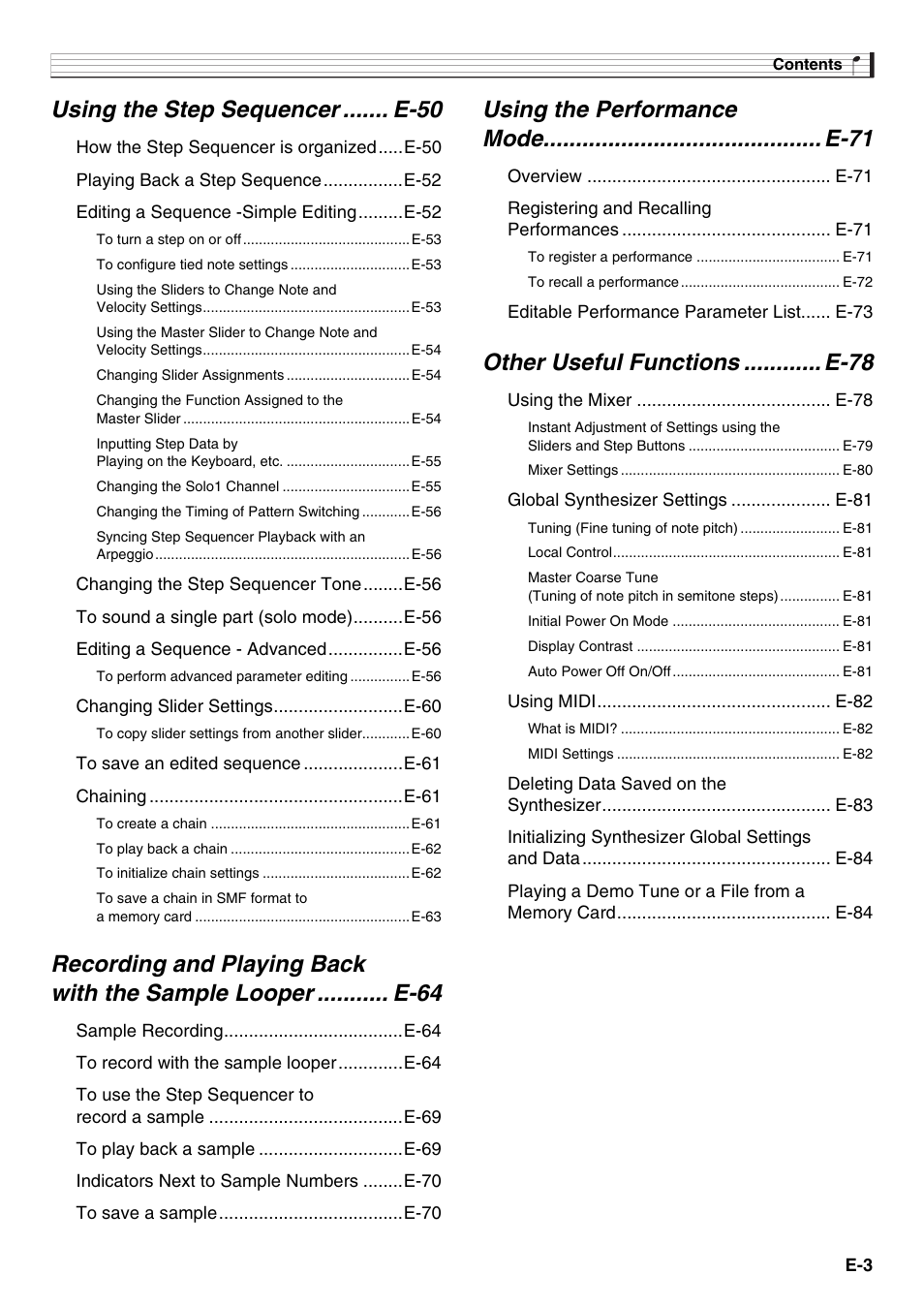 Using the step sequencer ....... e-50, Other useful functions ............ e-78 | Casio XW-G1 User Manual | Page 5 / 108