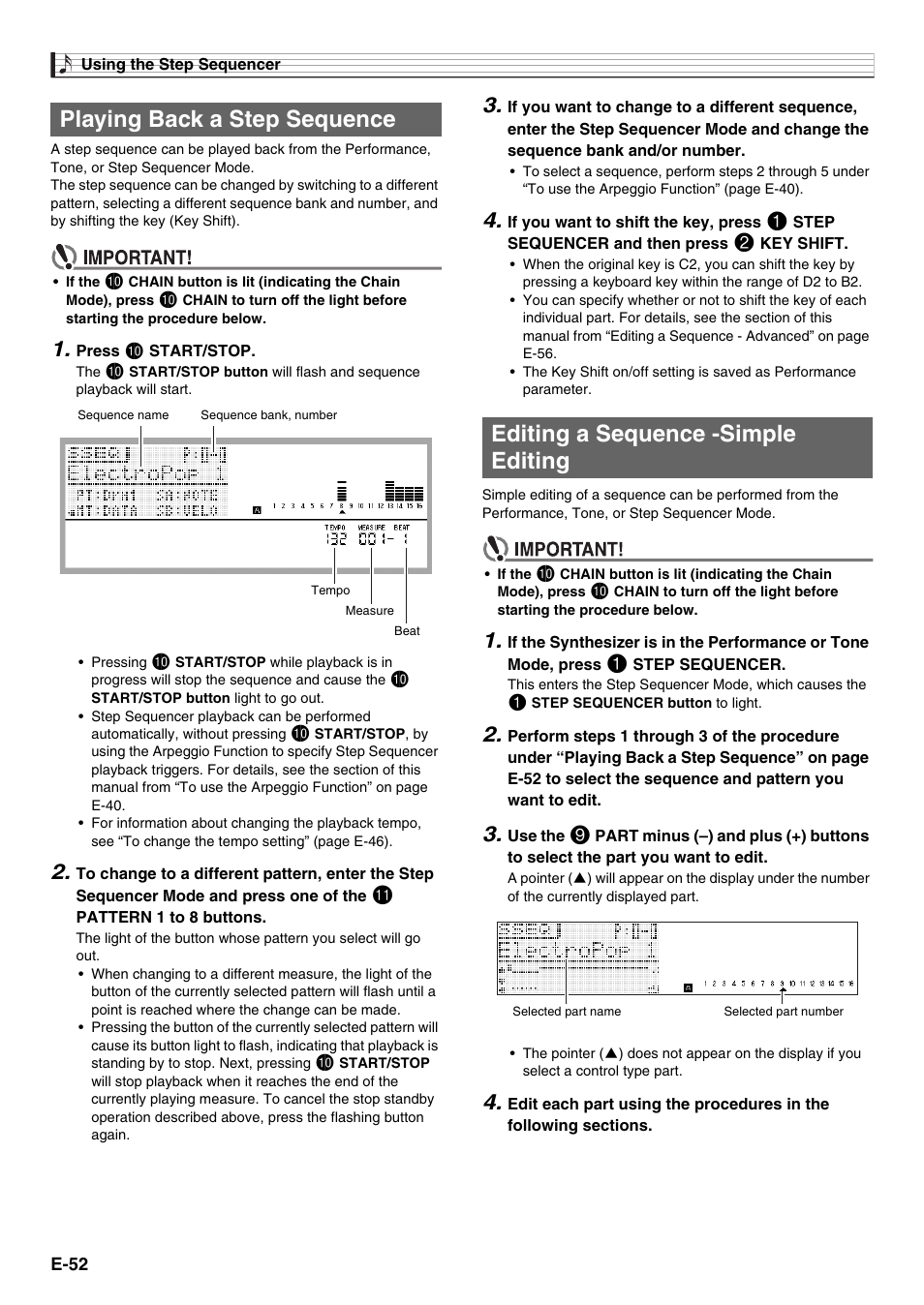 Playing back a step sequence, Editing a sequence -simple editing | Casio XW-G1 User Manual | Page 54 / 108