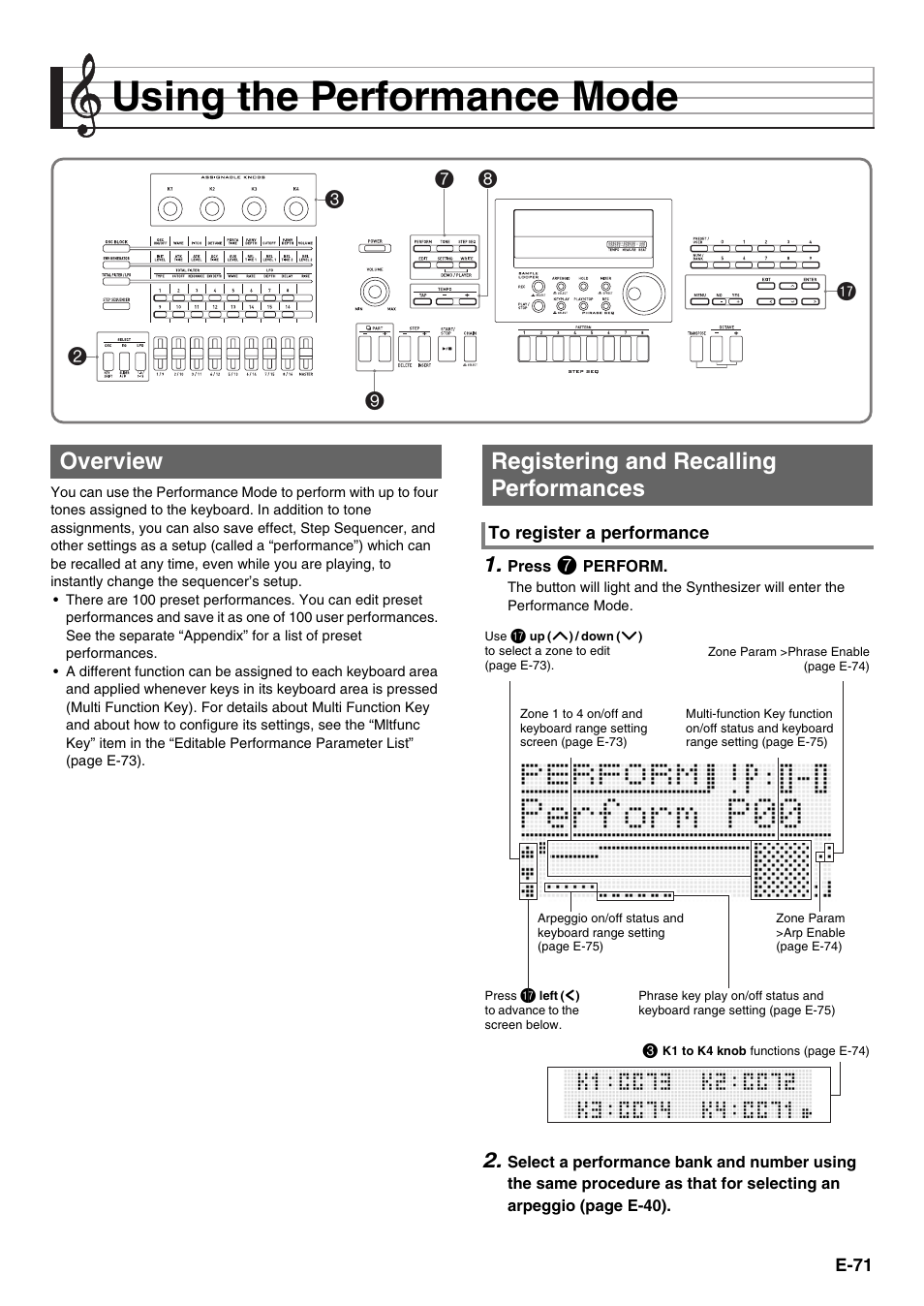 Using the performance mode, Overview registering and recalling performances | Casio XW-G1 User Manual | Page 73 / 108