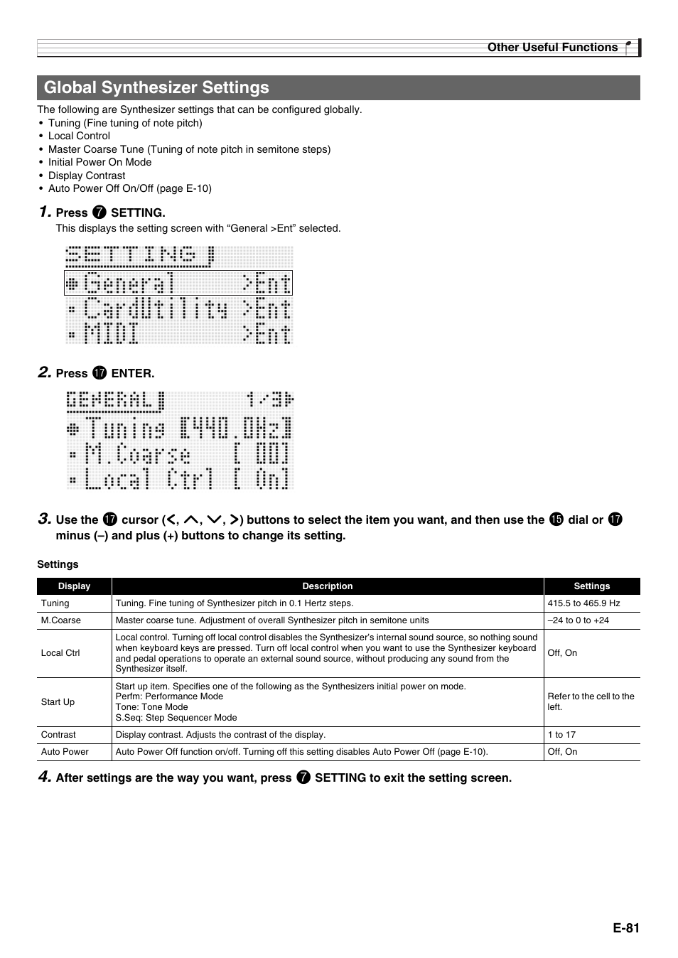 Global synthesizer settings | Casio XW-G1 User Manual | Page 83 / 108