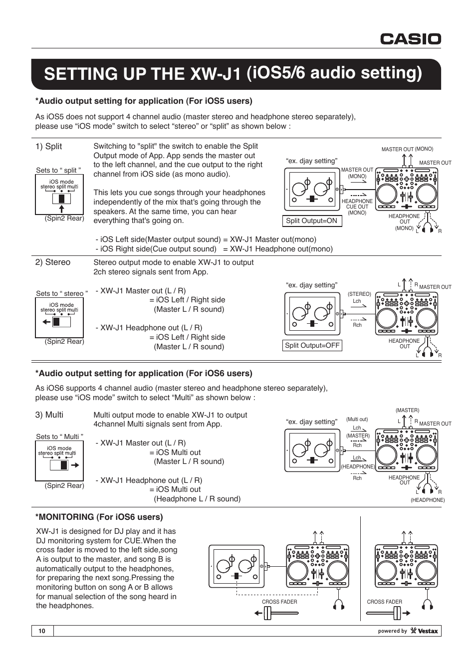 Setting up the xw-j1 (ios5/6 audio setting), 1) split 2) stereo 3) multi | Casio XW-J1 User Manual | Page 10 / 20