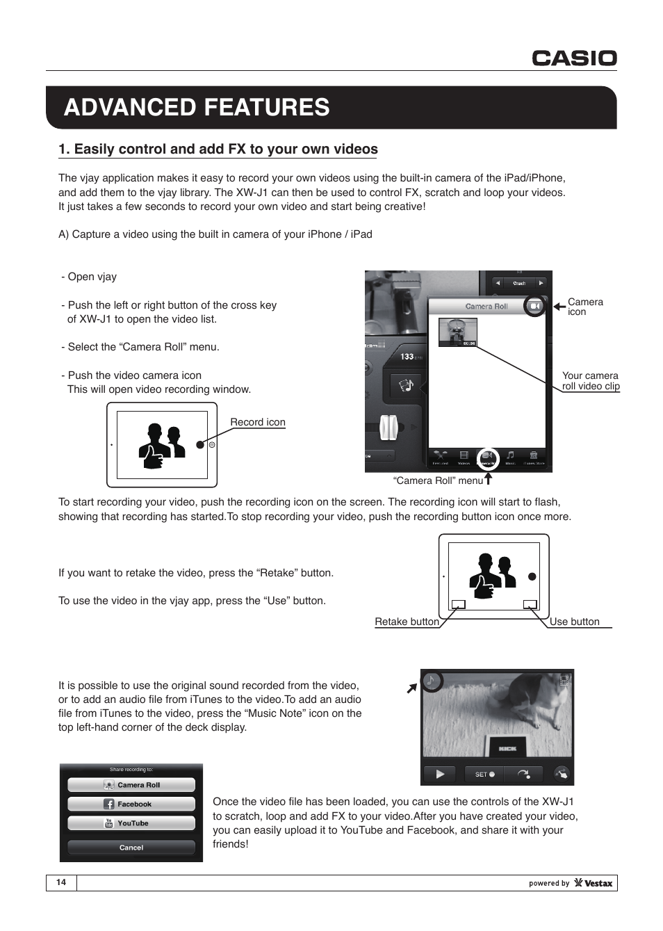 Advanced features, Easily control and add fx to your own videos | Casio XW-J1 User Manual | Page 14 / 20
