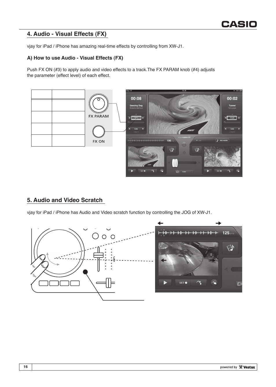 Audio - visual effects (fx), Audio and video scratch | Casio XW-J1 User Manual | Page 16 / 20