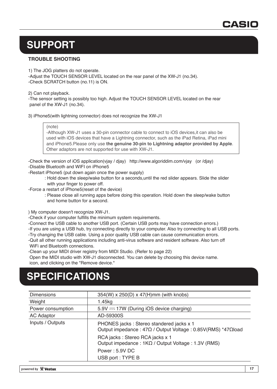 Support specifications | Casio XW-J1 User Manual | Page 17 / 20