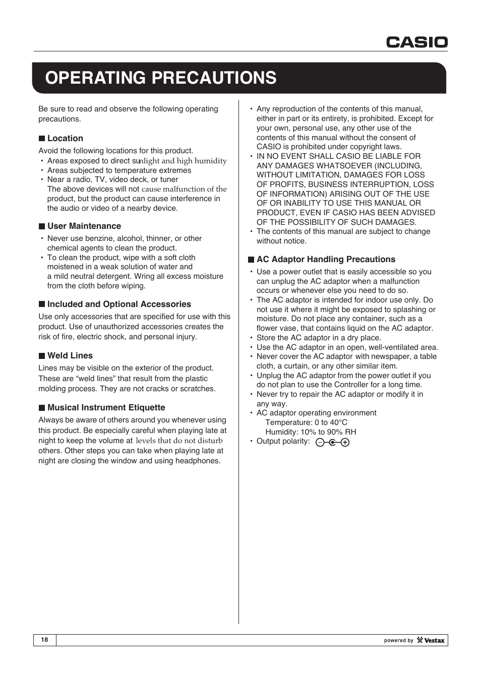 Operating precautions | Casio XW-J1 User Manual | Page 18 / 20